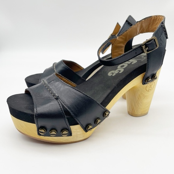 Flogg Wooden Black Leather Clog Sandals.  Size 6 - Picture 4 of 9